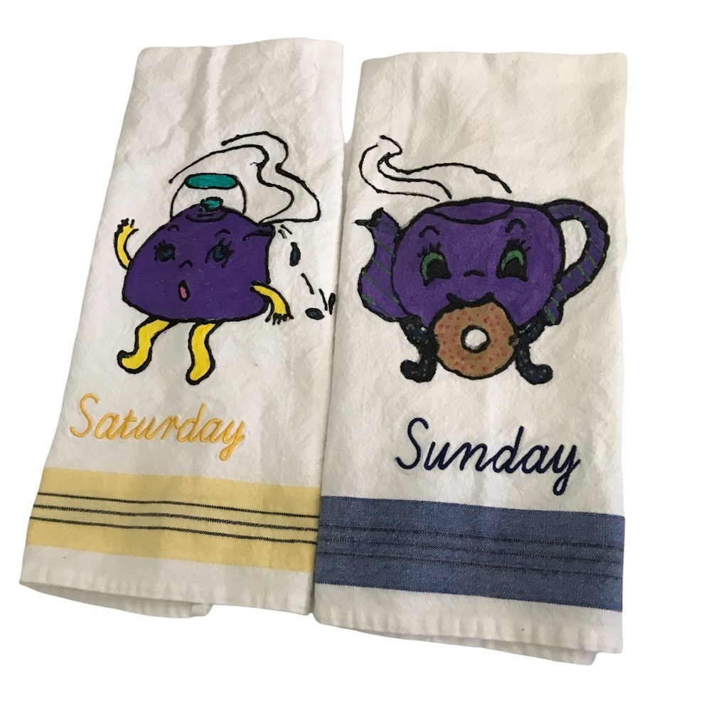 VINTAGE Flour Sack Dishtowels Saturday Sunday Embroidery
